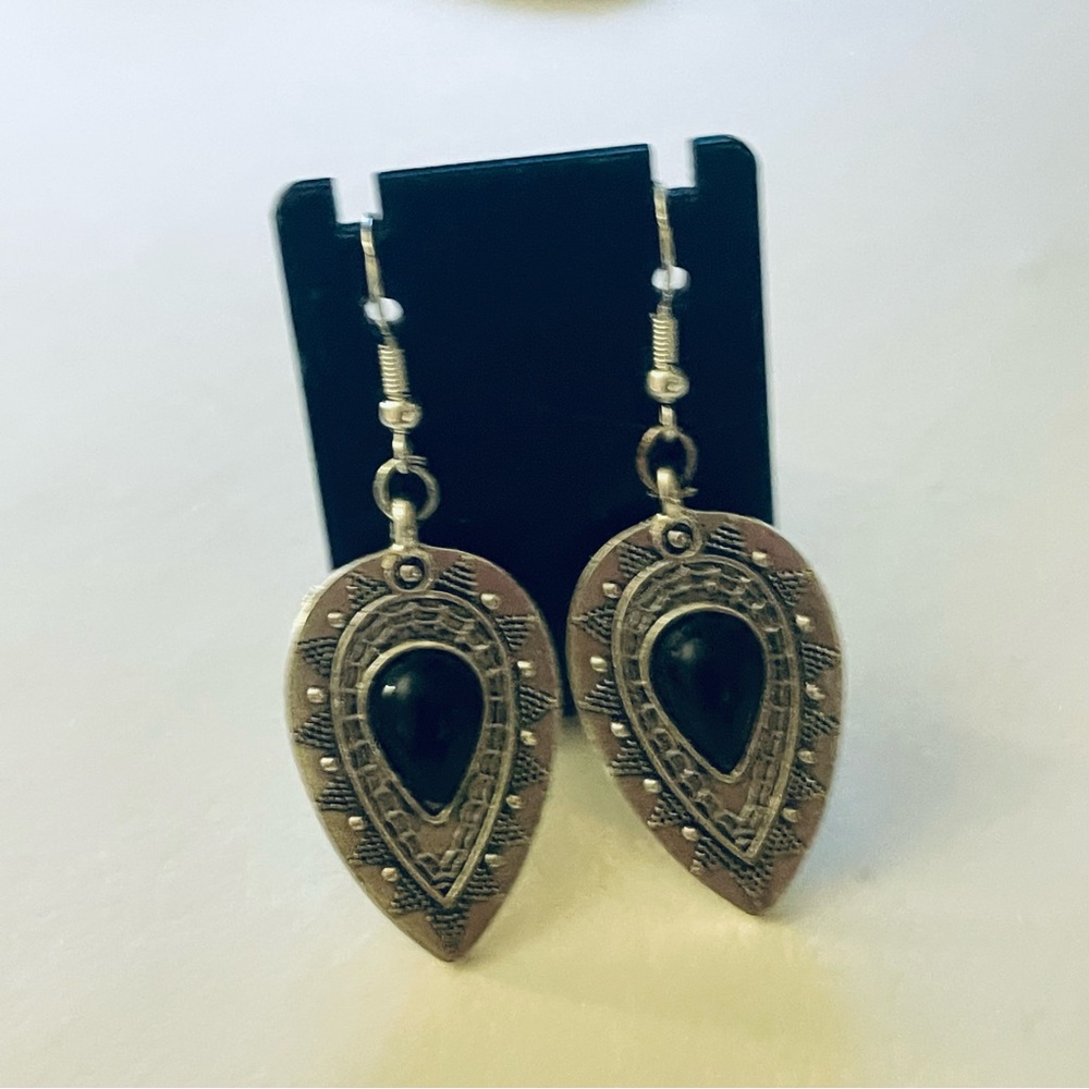 New S925 Sterling Silver Artisan Natural Polished Black Onyx Tibetan Earrings - Picture 4 of 13